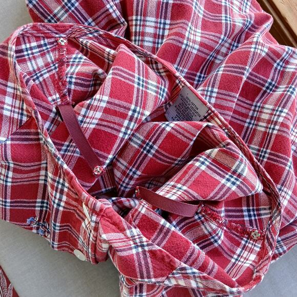 Cascade Blues red plaid embroidered blouse L altered repaired cotton button up - Picture 8 of 15
